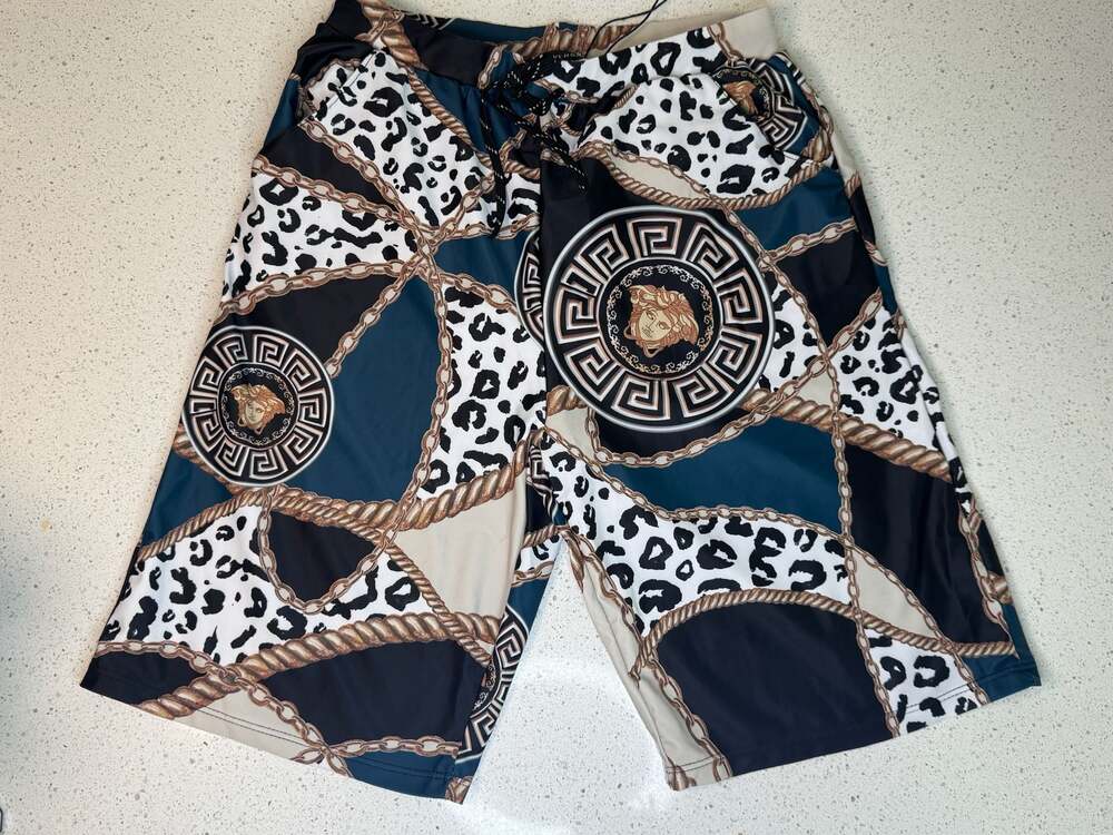 Versace Collection Men's Medusa Head Chain and Leopard Print Swim Trunks